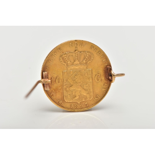 16 - A GOLD 10 GULDEN WILHELMENIA COIN BROOCH, soldered with a yellow metal brooch pin and C clasp, appro... 