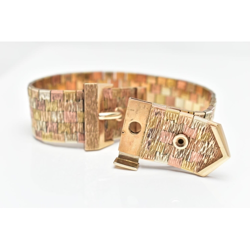 164 - A 9CT GOLD TRI-COLOUR ARTICULATED BRACELET, the bracelet of a belt and buckle design with a rose, ye... 