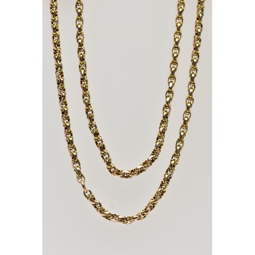 168 - A YELLOW METAL BELCHER CHAIN, a long chain fitted with a jump ring, unmarked, length 660mm, approxim... 