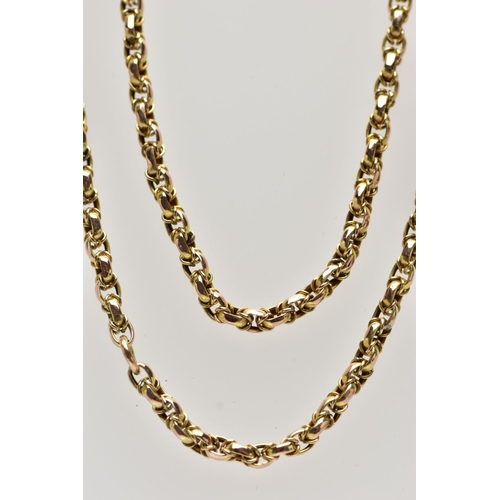 168 - A YELLOW METAL BELCHER CHAIN, a long chain fitted with a jump ring, unmarked, length 660mm, approxim... 