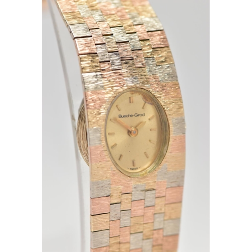 174 - A LADIES 9CT TRI-COLOUR GOLD 'BUECHE-GIROD' WRISTWATCH, manual wind, oval gold dial signed 'Bueche-G... 