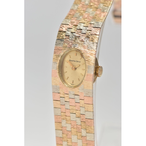 174 - A LADIES 9CT TRI-COLOUR GOLD 'BUECHE-GIROD' WRISTWATCH, manual wind, oval gold dial signed 'Bueche-G... 