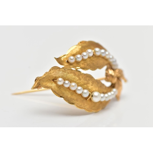 175 - AN 18CT YELLOW GOLD CULTURED PEARL BROOCH, in the form of two leaves, each stain finish leaf is set ... 