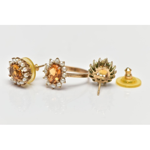 177 - A 9CT YELLOW GOLD CITRINE AND PEARL CLUSTER RING AND A PAIR OF MATCHING YELLOW METAL EARRINGS, the c... 