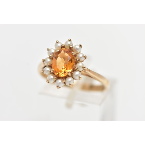 177 - A 9CT YELLOW GOLD CITRINE AND PEARL CLUSTER RING AND A PAIR OF MATCHING YELLOW METAL EARRINGS, the c... 