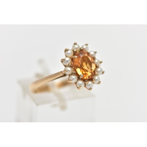 177 - A 9CT YELLOW GOLD CITRINE AND PEARL CLUSTER RING AND A PAIR OF MATCHING YELLOW METAL EARRINGS, the c... 