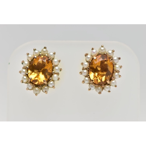 177 - A 9CT YELLOW GOLD CITRINE AND PEARL CLUSTER RING AND A PAIR OF MATCHING YELLOW METAL EARRINGS, the c... 