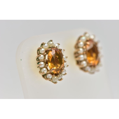 177 - A 9CT YELLOW GOLD CITRINE AND PEARL CLUSTER RING AND A PAIR OF MATCHING YELLOW METAL EARRINGS, the c... 