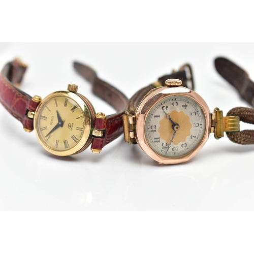 180 - TWO WRISTWATCHES, the first a 9ct gold manual wind watch, round silver and gold tone dial, Arabic nu... 