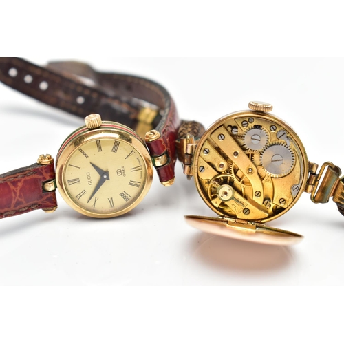 180 - TWO WRISTWATCHES, the first a 9ct gold manual wind watch, round silver and gold tone dial, Arabic nu... 