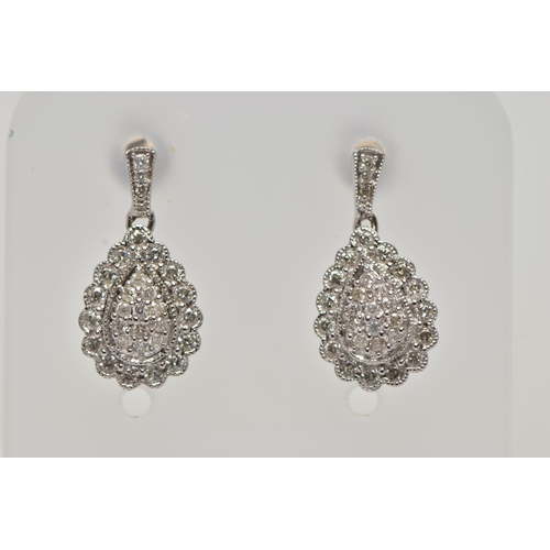 181 - A PAIR OF 9CT WHITE GOLD DIAMOND DROP EARRINGS, each earring of a pear drop shape set with a cluster... 