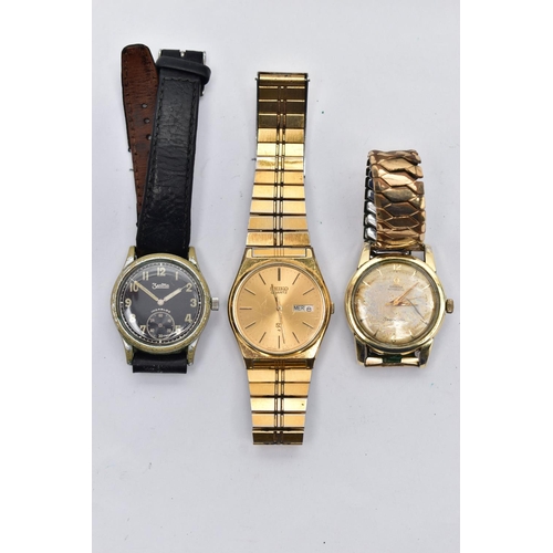 182 - THREE GENTS WRISTWATCHES, to include a gold plated 'Omega, automatic', round discoloured champagne d... 