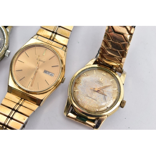 182 - THREE GENTS WRISTWATCHES, to include a gold plated 'Omega, automatic', round discoloured champagne d... 