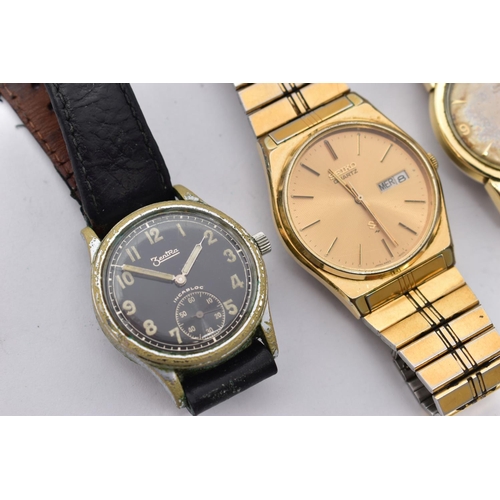 182 - THREE GENTS WRISTWATCHES, to include a gold plated 'Omega, automatic', round discoloured champagne d... 