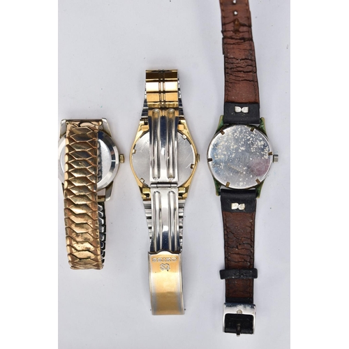 182 - THREE GENTS WRISTWATCHES, to include a gold plated 'Omega, automatic', round discoloured champagne d... 