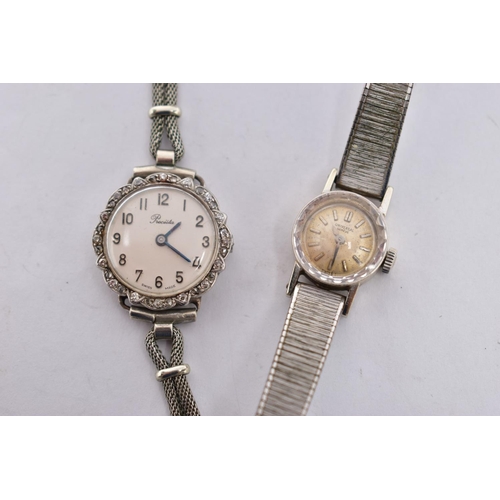 183 - TWO LADIES WRISTWATCHES, the first a white metal 'Precista' watch, missing crown, round silver dial ... 