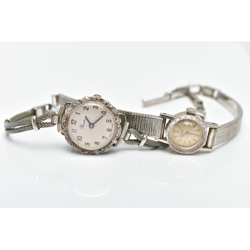 183 - TWO LADIES WRISTWATCHES, the first a white metal 'Precista' watch, missing crown, round silver dial ... 