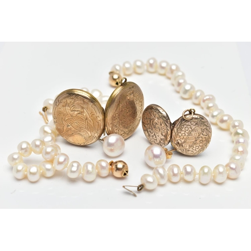 184 - TWO GOLD BACK AND FRONT LOCKETS, TWO CULTURED PEARL BRACELETS AND A PAIR OF CULTURED PEARL EARRINGS,... 