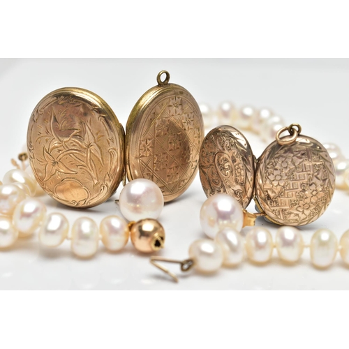 184 - TWO GOLD BACK AND FRONT LOCKETS, TWO CULTURED PEARL BRACELETS AND A PAIR OF CULTURED PEARL EARRINGS,... 