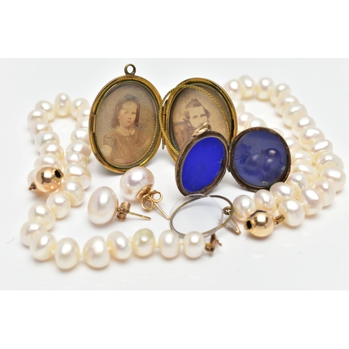 184 - TWO GOLD BACK AND FRONT LOCKETS, TWO CULTURED PEARL BRACELETS AND A PAIR OF CULTURED PEARL EARRINGS,... 