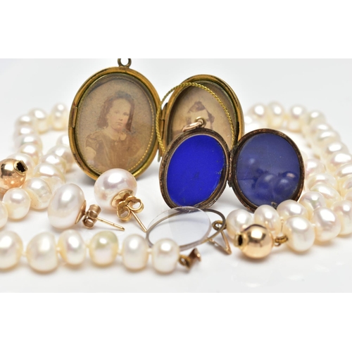 184 - TWO GOLD BACK AND FRONT LOCKETS, TWO CULTURED PEARL BRACELETS AND A PAIR OF CULTURED PEARL EARRINGS,... 