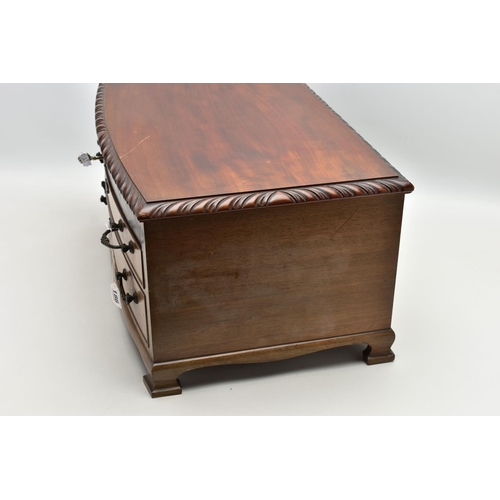 186 - AN EMPTY MAHOGANY CANTEEN, open top with key and two draws, raised on four small feet