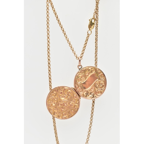 2 - A 9CT GOLD LOCKET PENDANT AND CHAIN, the locket of a circular form, decorated with an ivy leaf and a... 