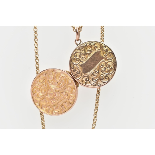 2 - A 9CT GOLD LOCKET PENDANT AND CHAIN, the locket of a circular form, decorated with an ivy leaf and a... 