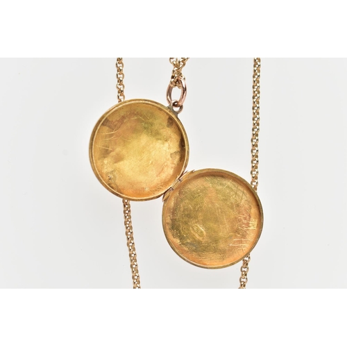 2 - A 9CT GOLD LOCKET PENDANT AND CHAIN, the locket of a circular form, decorated with an ivy leaf and a... 