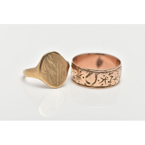 21 - TWO 9CT GOLD RINGS, the first a wide band ring, engraved with a partly worn ivy leaf foliage design,... 