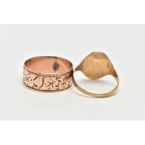 21 - TWO 9CT GOLD RINGS, the first a wide band ring, engraved with a partly worn ivy leaf foliage design,... 