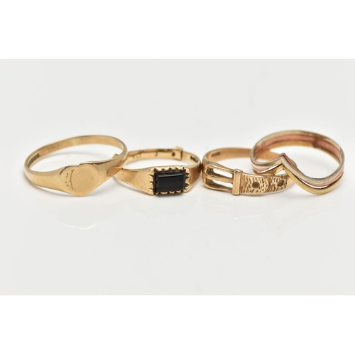 23 - THREE 9CT GOLD RINGS AND A TRI COLOUR RING, the first a yellow gold heart shaped signet, hallmarked ... 