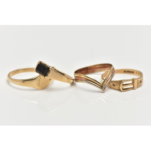 23 - THREE 9CT GOLD RINGS AND A TRI COLOUR RING, the first a yellow gold heart shaped signet, hallmarked ... 