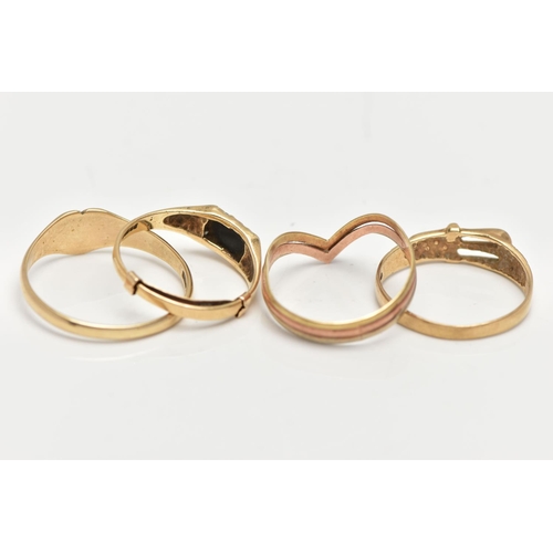 23 - THREE 9CT GOLD RINGS AND A TRI COLOUR RING, the first a yellow gold heart shaped signet, hallmarked ... 