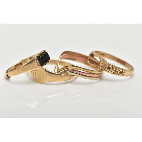 23 - THREE 9CT GOLD RINGS AND A TRI COLOUR RING, the first a yellow gold heart shaped signet, hallmarked ... 