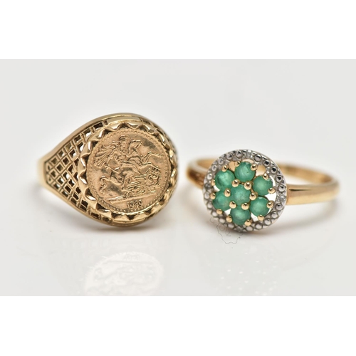 24 - TWO 9CT GOLD RINGS, the first a floral cluster of seven circular cut emeralds, accented with a halo ... 