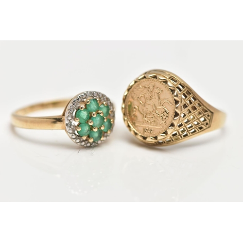 24 - TWO 9CT GOLD RINGS, the first a floral cluster of seven circular cut emeralds, accented with a halo ... 