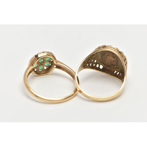 24 - TWO 9CT GOLD RINGS, the first a floral cluster of seven circular cut emeralds, accented with a halo ... 