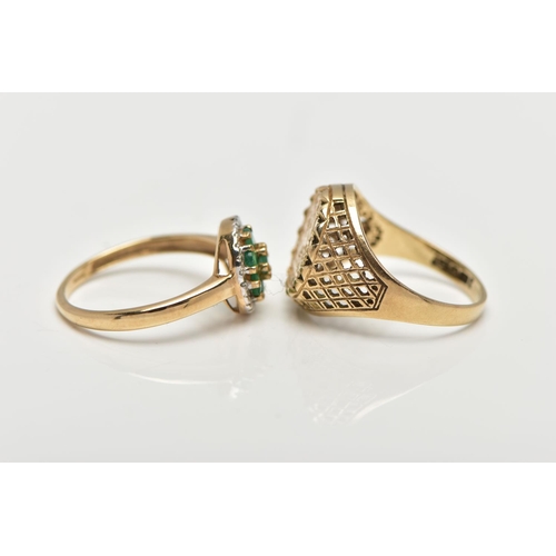 24 - TWO 9CT GOLD RINGS, the first a floral cluster of seven circular cut emeralds, accented with a halo ... 