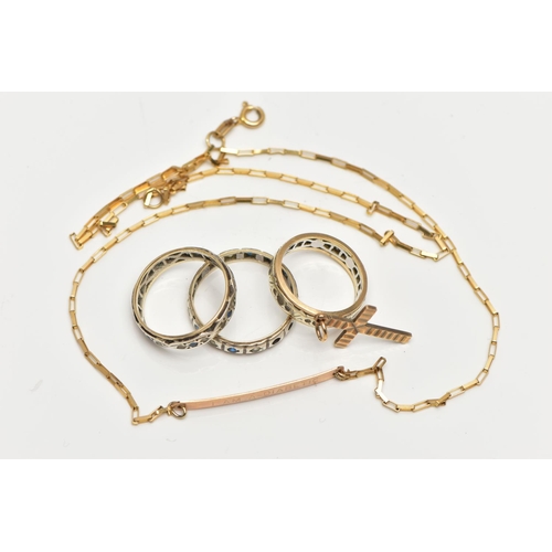 26 - AN ASSORTMENT OF 9CT GOLD AND YELLOW METAL JEWELLERY, to include a yellow gold medical necklace, a c... 