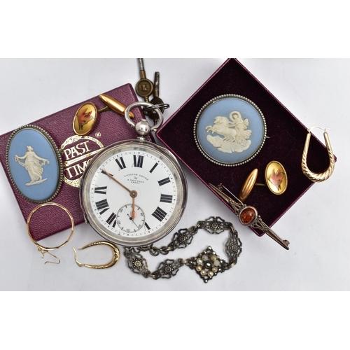 27 - A SILVER OPEN FACE POCKET WATCH AND ASSORTED YELLOW AND WHITE METAL, a key wound movement, white dia... 