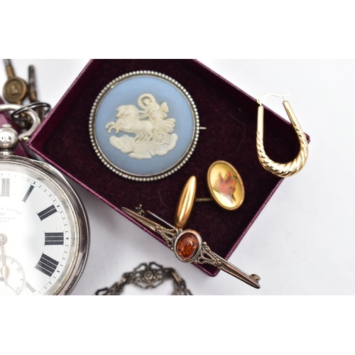 27 - A SILVER OPEN FACE POCKET WATCH AND ASSORTED YELLOW AND WHITE METAL, a key wound movement, white dia... 