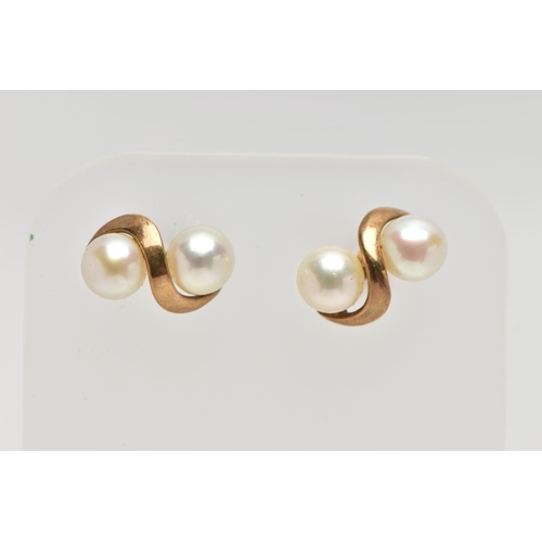 28 - A PAIR OF 9CT CULTURED PEARL EARRINGS AND YELLOW METAL, two white cultured pearls set within a scrol... 