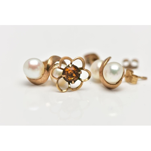 28 - A PAIR OF 9CT CULTURED PEARL EARRINGS AND YELLOW METAL, two white cultured pearls set within a scrol... 