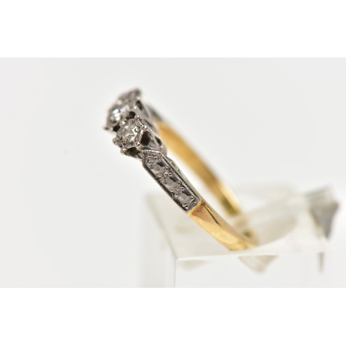 3 - A YELLOW METAL DIAMOND TRILOGY RING, designed with three illusion set old cut diamonds, raised open ... 