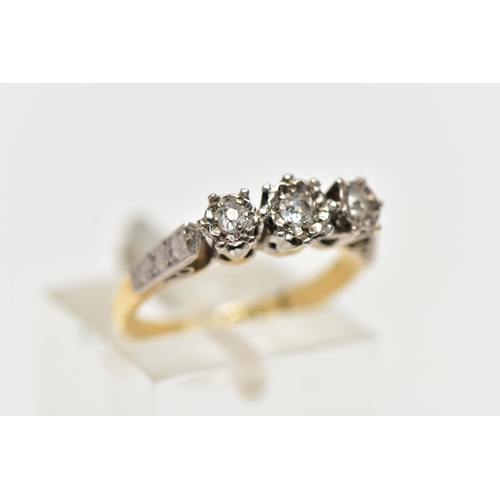 3 - A YELLOW METAL DIAMOND TRILOGY RING, designed with three illusion set old cut diamonds, raised open ... 