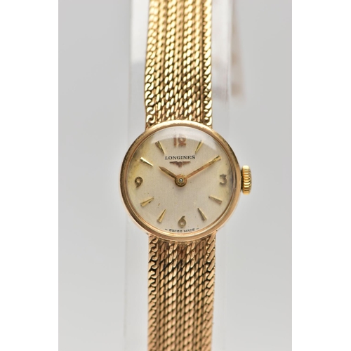 33 - A LADIES 9CT GOLD 'LONGINES' WRISTWATCH, manual wind, round silver dial signed 'Longines', Arabic tw... 