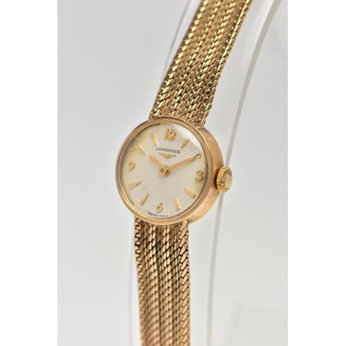 33 - A LADIES 9CT GOLD 'LONGINES' WRISTWATCH, manual wind, round silver dial signed 'Longines', Arabic tw... 