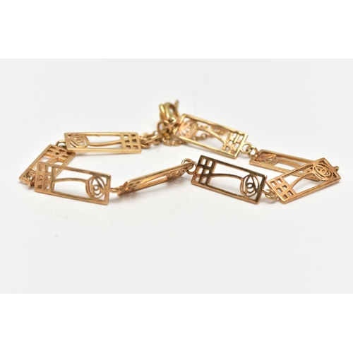 34 - A 9CT GOLD ORTAK LINE BRACELET, decorated with a series of rectangular open work links with floral d... 