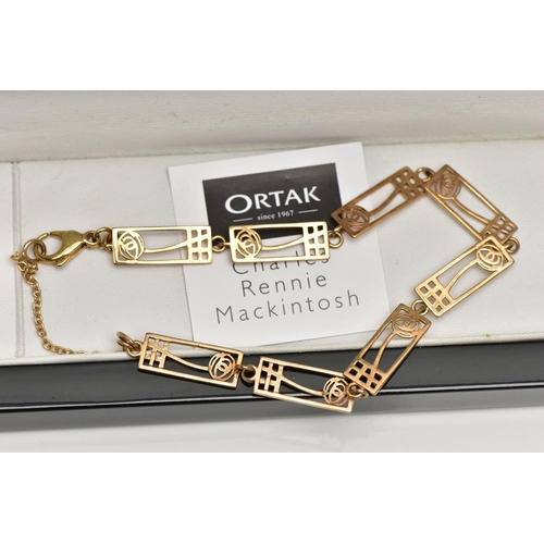 34 - A 9CT GOLD ORTAK LINE BRACELET, decorated with a series of rectangular open work links with floral d... 